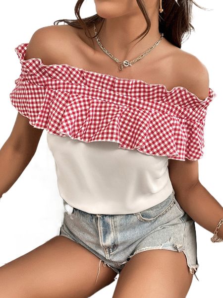 

gingham colorblock ruffle trim off the shoulder blouse g3p8#, White