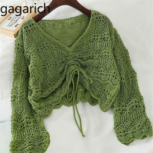 

gagarich women blouse korean style autumn spring loose v-neck hollow out drawstring pleated short candy-colored 220411, White