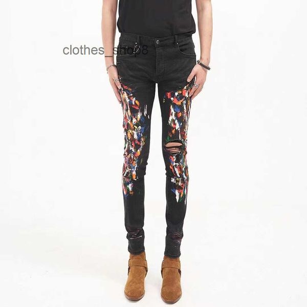 

european and american designer jeans amirss men jean pants fog wash water make old black scarf decoration paste cloth hole patch s fwmo, Blue