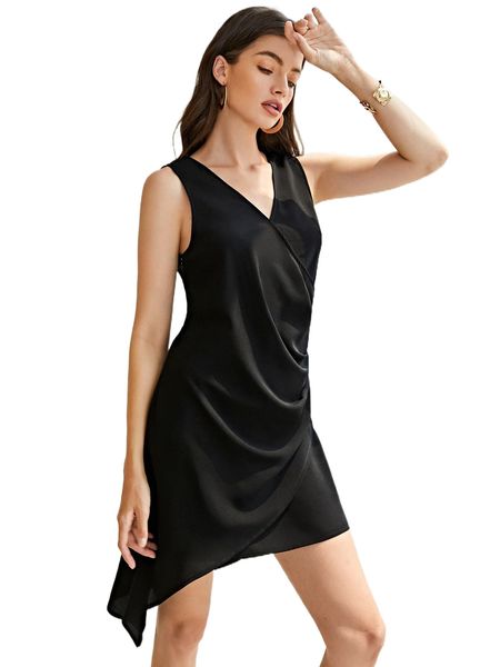 

x kes surplice neck ruched detail chiffon dress f0yp#, Black;gray