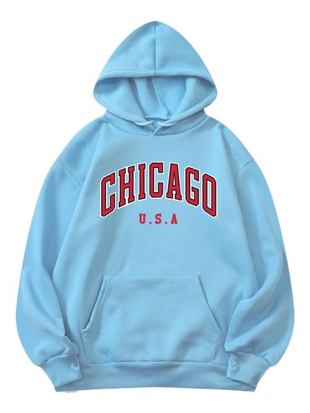 

letter graphic kangaroo pocket drawstring thermal sweatshirt f3h5#, Black