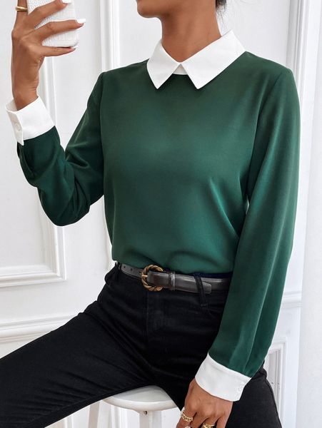 

contrast collar keyhole back blouse h1hf#, White