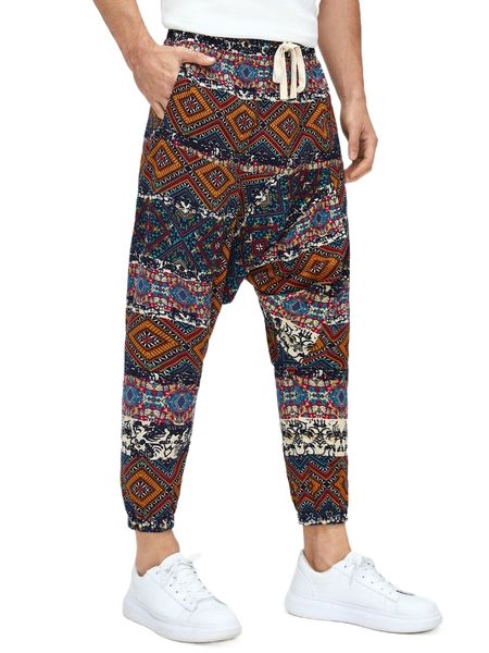 

men geo print drawstring waist crop crotch pants 58xk#, Black