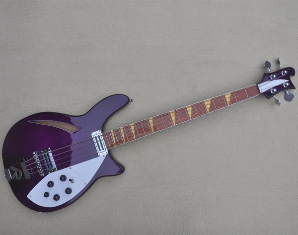 

4 string semi-hollow body purple electric bass guitar with chrome hardware yellow inlays