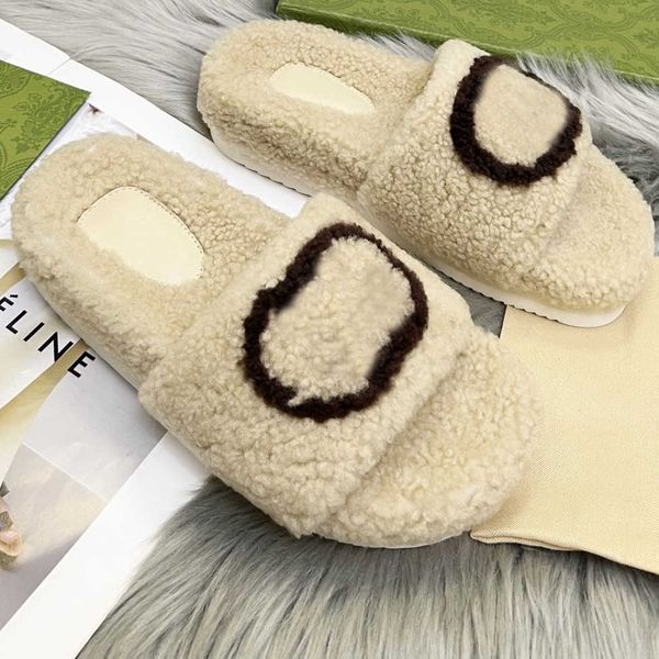 

winter warm fur slippers women interlocking g wool slides ladies hollow sandals thick sole size 35-40 woman ladies black white beige loafers
