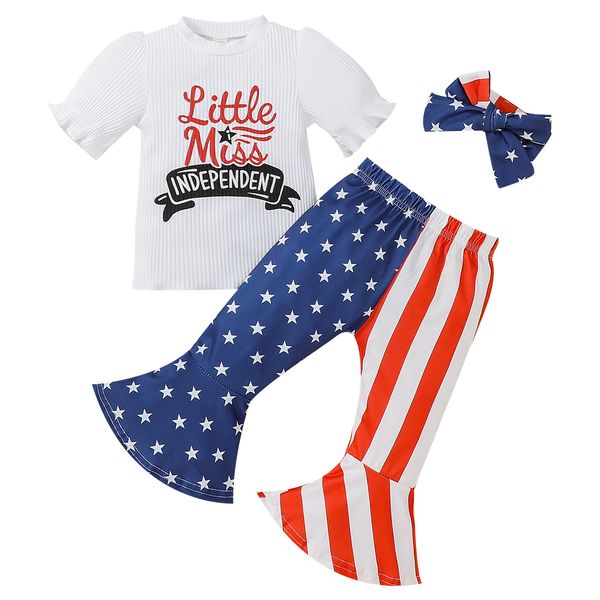 

sets girls independence day outfit letter printed short sleeve ribbed stripe stars pants headband children's, White