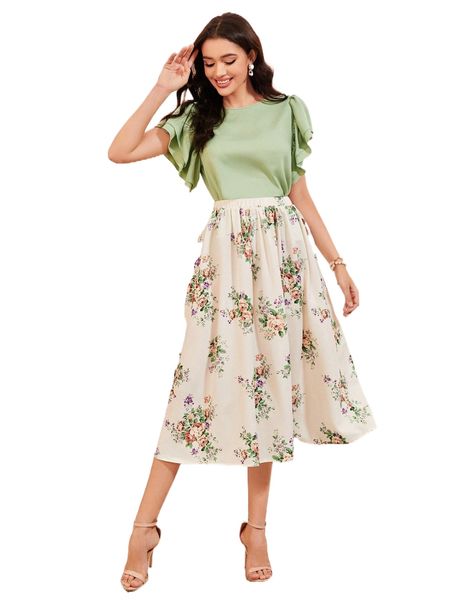 

butterfly sleeve & floral print skirt p8l7#, White