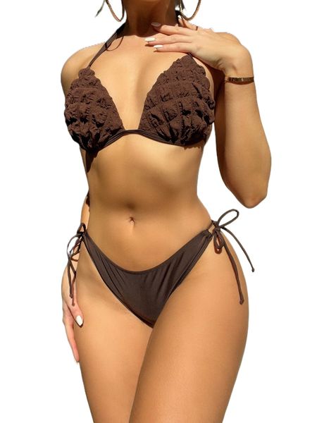 

solid halter tie side bikini swimsuit b4fn#, White;black