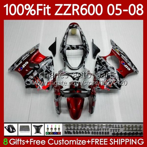 Spritzgusskörper für KAWASAKI NINJA 600CC ZZR600 05 06 07 08 Karosserie 134No.0 100 % passend für ZZR-600 600 CC 05-08 ZZR 600 2005 2006 2007 2008 OEM-Verkleidungsset, Tarnrot