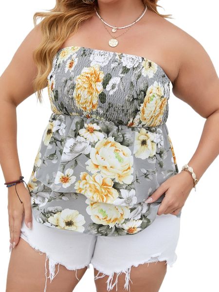 

plus all over floral print shirred tube m56j#, Black