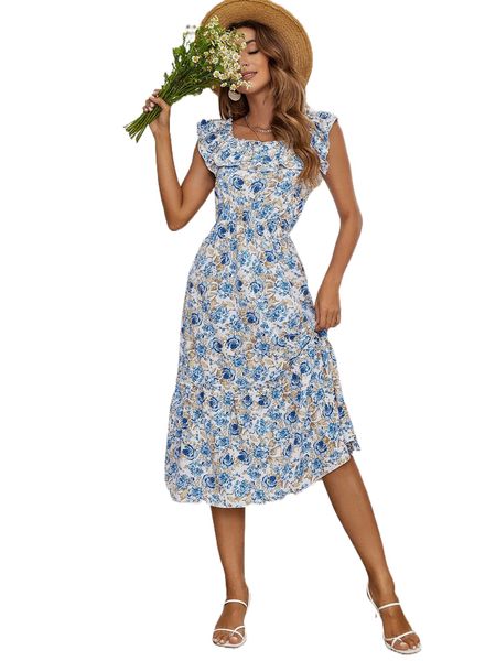 

allover floral print ruffle trim dress v4kx#, Black;gray