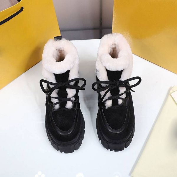 

luxury snow ankle boots bootie flat platform shoes shearling fur warm botines mujer fashion comfortable leisure woman, Black