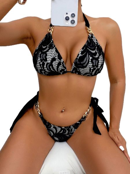 

lace chain detail tie back triangle bikini swimsuit b2to#, White;black