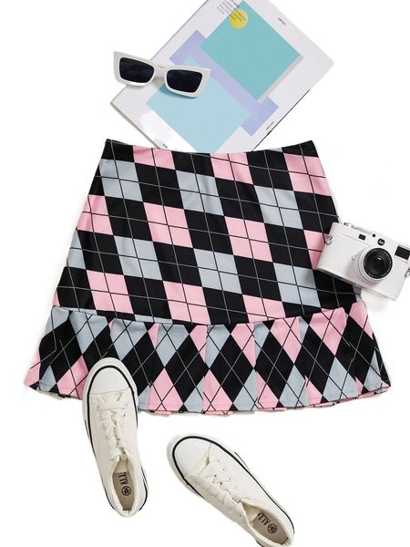 

argyle print pleated hem skirt v0zx#, Black