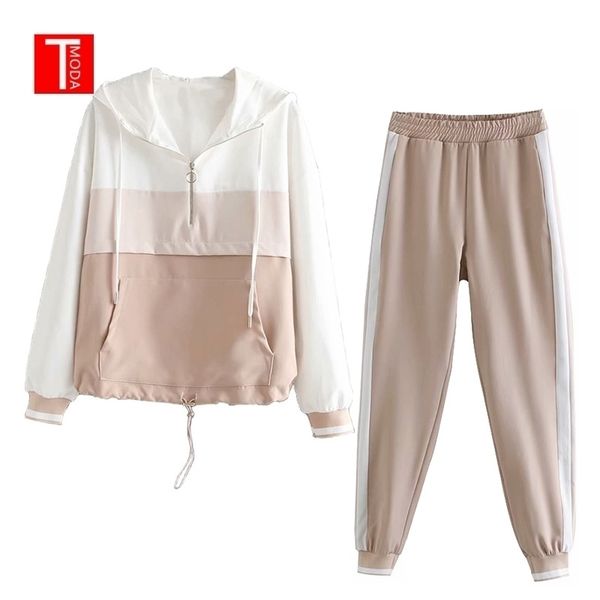 

set female vintage pink contrast color baseball bomber pullover jacket women and pencil jogging pants suits two piece sets y200110, White