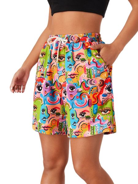 

x flacart figure & cartoon graphic drawstring waist slant pocket shorts 99uh#, White;black