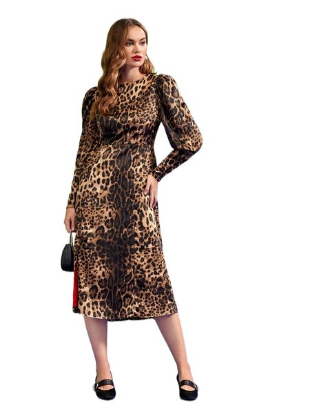 

x batool almuwalled leopard print bishop sleeve slit thigh dress 37ze#, Black;gray