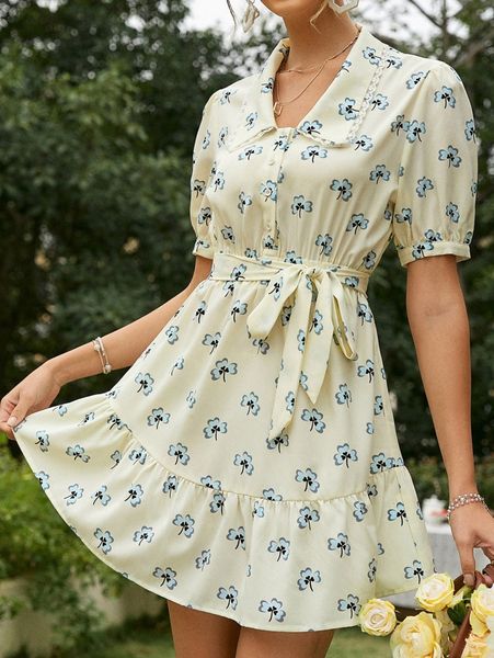 

simplee floral print belted lace trim puff sleeve dress l2da#, Black;gray