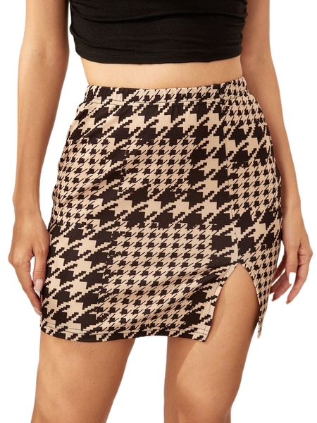 

houndstooth slit hem skirt g1va#, Black