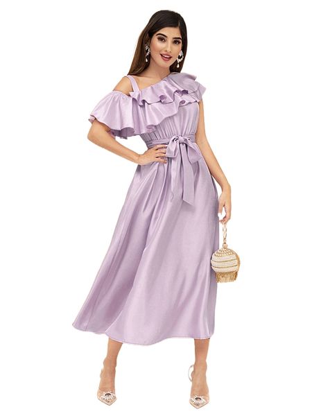 

modely asymmetrical ruffle neck self belted dress 99uu#, Black;gray