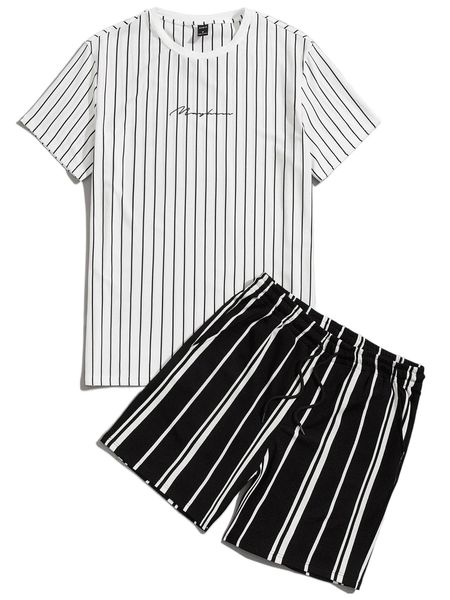 

men pinstriped & letter graphic tee & drawstring waist shorts r6fc#, Gray