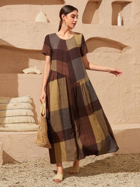 

contrast panel smock dress d7dx#, Black;gray