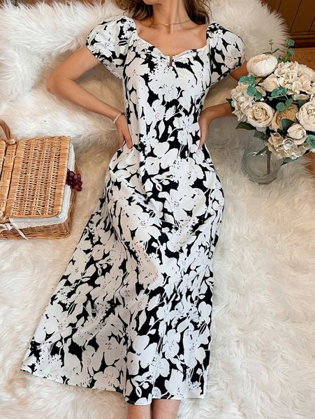 

allover floral print puff sleeve shirred u-ring detail dress 04c1#, Black;gray