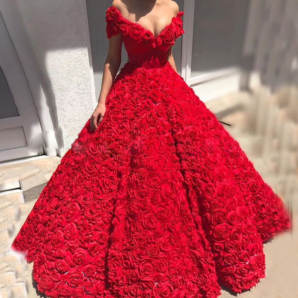 Rote Blumenabend kleidet sich von der Schulter geschwollenen Celeberitätskleid 3d Blumen Geburtstagsfeier 326