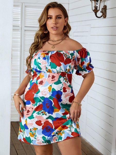 

plus floral print off the shoulder dress k6xq#, Black