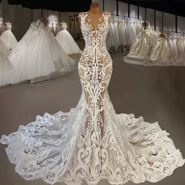 

2022 mermaid wedding dresses bridal gown jewel neck lace applique illusion bodice sweep train boho beach vestido de novia custom made plus s, White