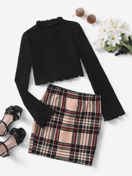 

girls solid frill knit & tartan skirt she, White