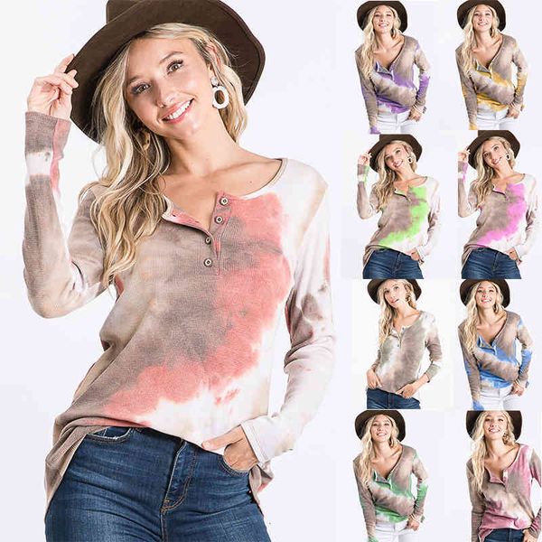 

women's t-shirt autumn and winter round neck button tie dye style casual fashion loose t-shirt sweater w38r, White