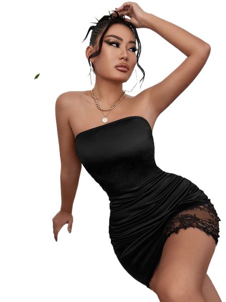 

sxy satin contrast lace trim tube bodycon dress a442#, Black;gray
