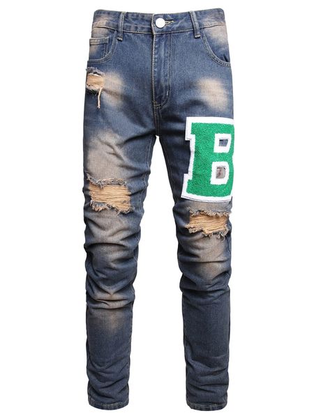 

men letter patch detail ripped jeans 33zd#, Blue