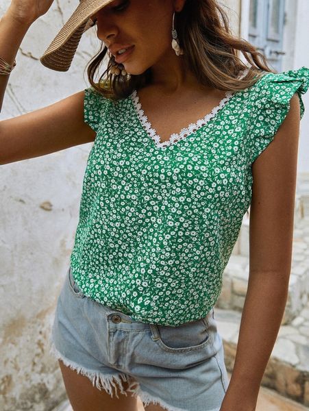 

ditsy floral ruffle armhole lace trim d1y5#, White