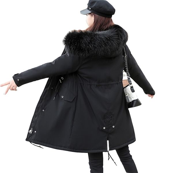 

big fur winter jacket thicken warm cotton coat women casual long parkas winter fur lining hooded parka mujer outerwear lj201127, Black