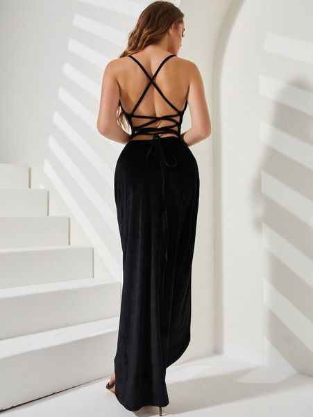 

sbetro criss cross backless wrap velvet cami dress 78xo#, Black;gray