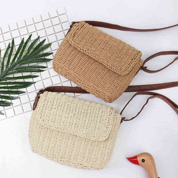 

korean envelope type magnetic buckle straw woven bag one shoulder messenger bag leisure solid beach bag 220614