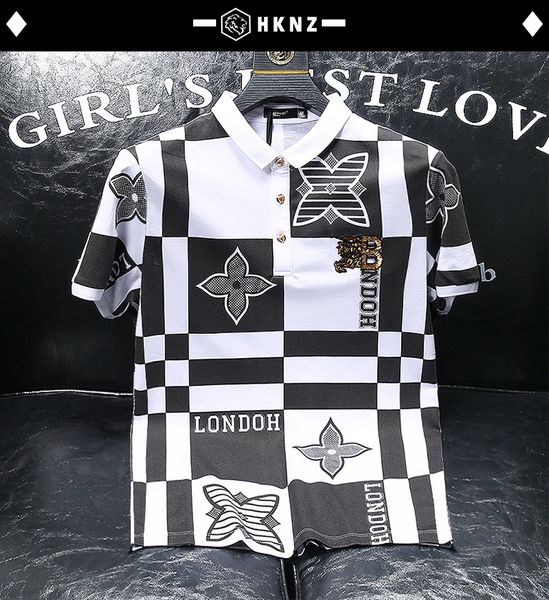

2022 summer new design men's polo shirts trend tees lapel slim fit heavy craft short sleeve men plaid geometric printing clothing polos, White;black