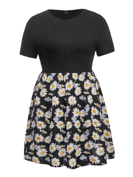

plus floral print a-line dress 54rh#, Black