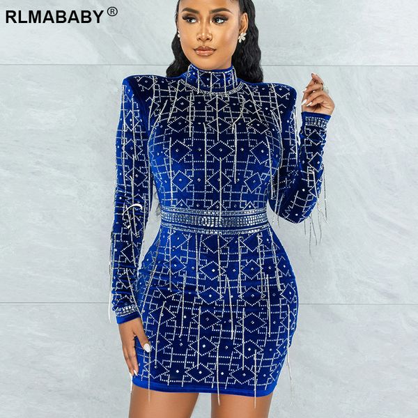 

night club party diamond tassel mini bodycon dress women turtleneck long sleeve elegant christmas evening blue short dress, Black;gray