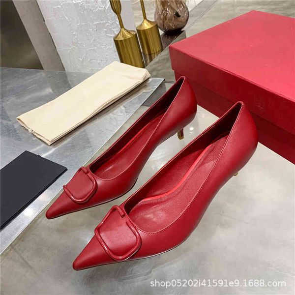 

sandals french pointed v-button single shoes women's year shallow mouth thin heel cowhide celebrity style high heels work, Black