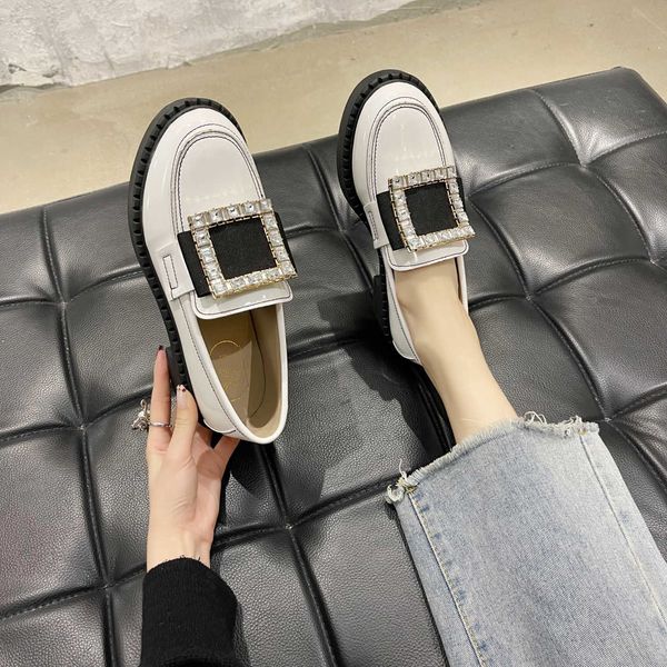 

classic luxury paris women's casual shoes round-toe non-slip loafers crystal buckle outdoor fashion thick-heeled ladies single designer, Black