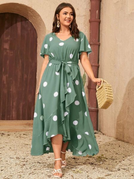 

plus size dresses women summer chiffon polka dot print v neck wrap hem belted dress trendy office lady party ladies clothes midi vestidos, Black