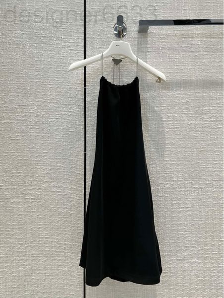 

casual dresses designer pearl chain suspender triangular label backless dress niche spring and summer black thin off shoulder bottomed short, Black;gray