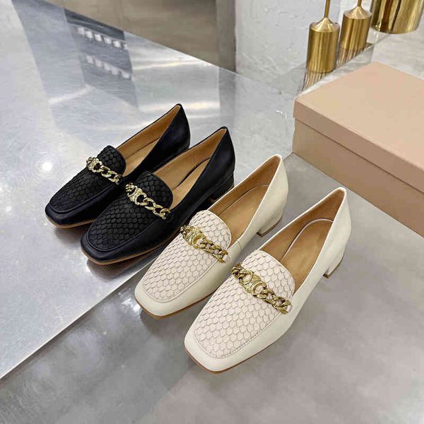 

dress shoes women's leather spring shoes marine metal decorative flat bottom square head, Black