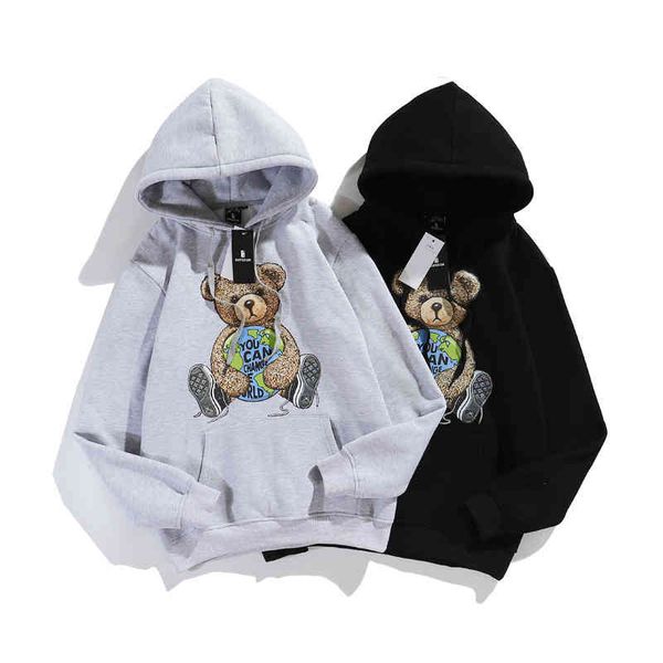 

spring and autumn men's women's hoodie korean couple's loose cartoon bear print, Black