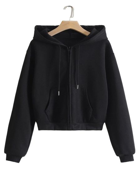 

zip up drawstring thermal lined crop hoodie t9rz#, Black