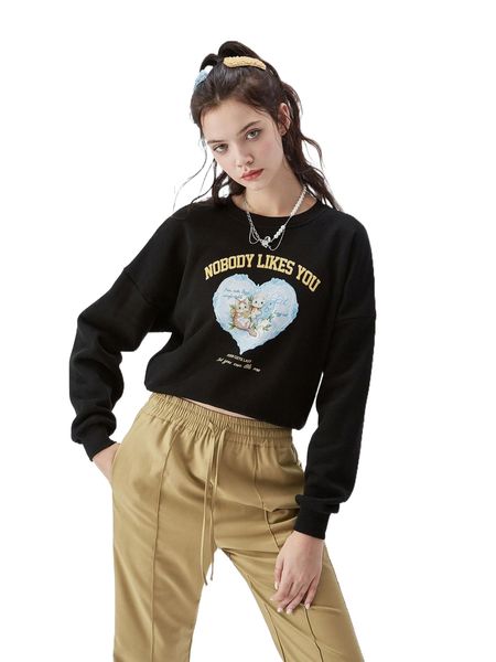 

drop shoulder letter & cartoon pattern pullover e8tm#, Black