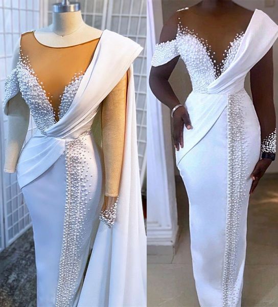 

2022 plus size arabic aso ebi stylish luxurious sheath wedding dress pearls sheer neck bridal gowns dresses zj455, White